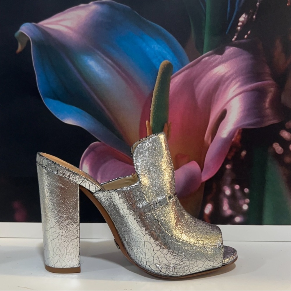 Elegant Silver Block Heel Mules